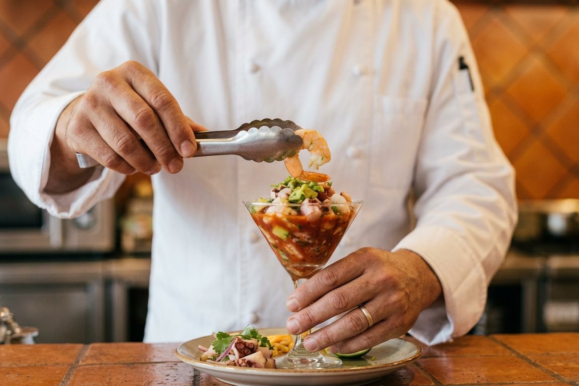 A chef in whites topping a seafood cocktail with shrimp