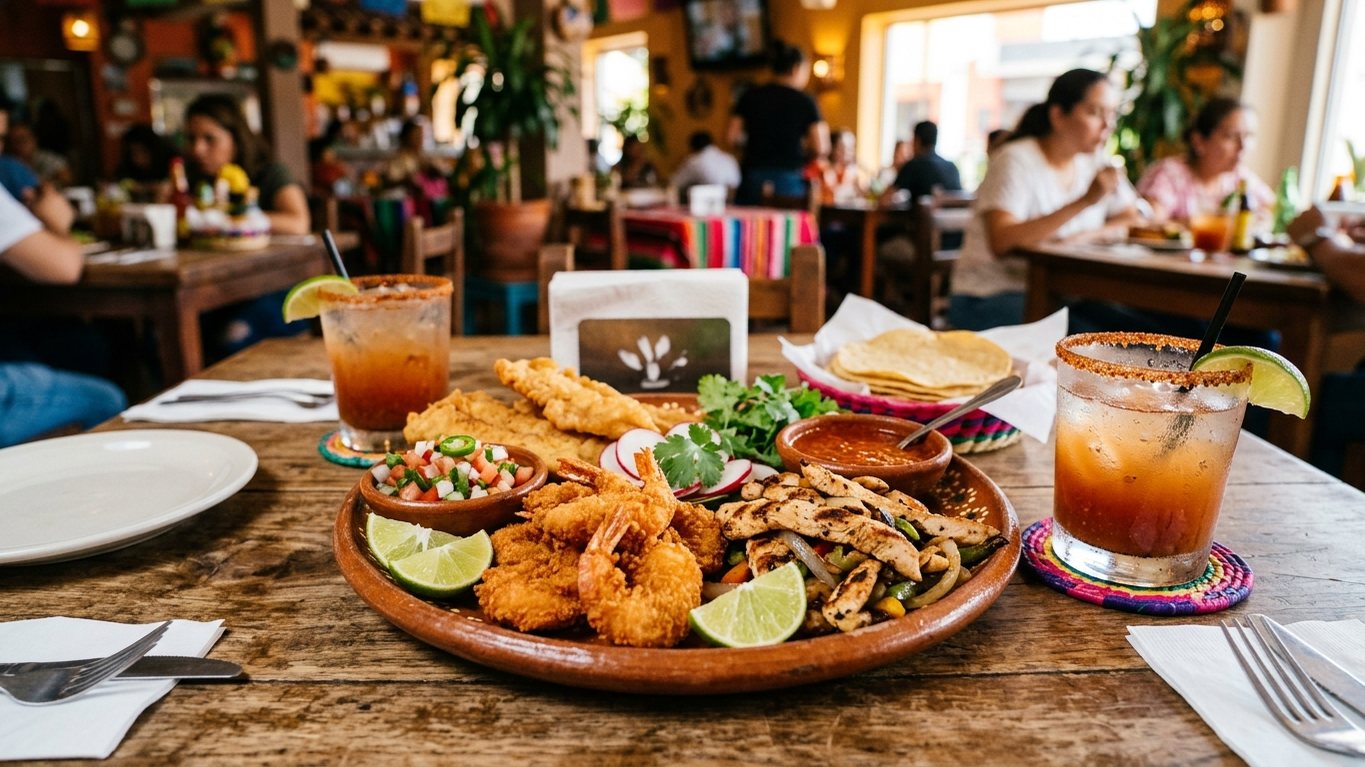 A shared seafood botana platter with fried shrimp, fish and fajita beside two micheladas